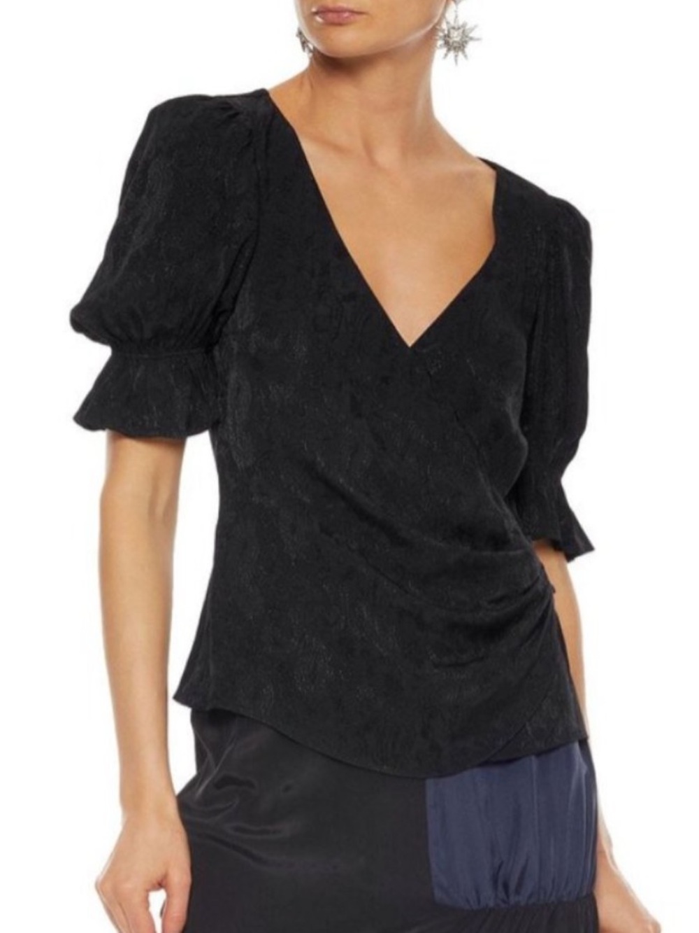 NEW Cinq À Sept Woman Theo Ruffle-Trimmed Jacquard Wrap Blouse Black Size Small